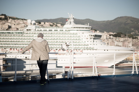 people back looking sea landscape from shipの写真素材