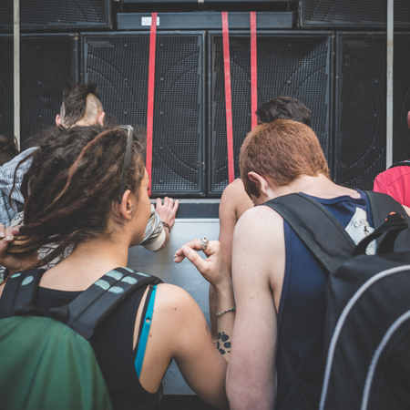 MILAN, ITALY - MAY 1: labor day held in Milan on May 1, 2014. Every year thousands of people taking to the streets to celebrate labor day and to protest against italian austerityのeditorial素材