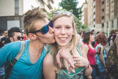 MILAN, ITALY - MAY 1: labor day held in Milan on May 1, 2014. Every year thousands of people taking to the streets to celebrate labor day and to protest against italian austerityのeditorial素材