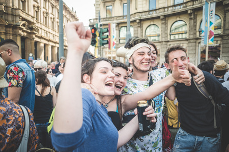 MILAN, ITALY - MAY 1: labor day held in Milan on May 1, 2014. Every year thousands of people taking to the streets to celebrate labor day and to protest against italian austerityのeditorial素材