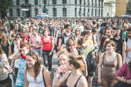 MILAN, ITALY - MAY 1: labor day held in Milan on May 1, 2014. Every year thousands of people taking to the streets to celebrate labor day and to protest against italian austerityのeditorial素材