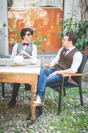 two young hipster stylish elegant men の写真素材