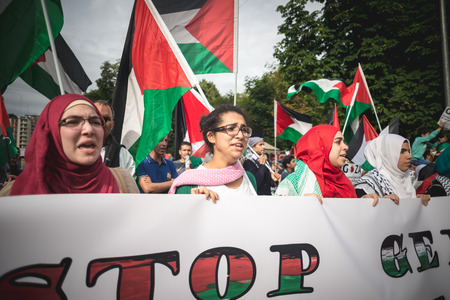 MILAN, ITALY - JULY 26: Pro Palestine manifestation held in Milan on July, 26 2014. People took to the streets to claim  Gaza and Palestine freedom against israel war and bombingのeditorial素材