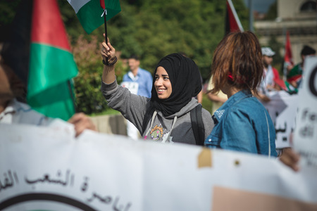 MILAN, ITALY - JULY 26: Pro Palestine manifestation held in Milan on July, 26 2014. People took to the streets to claim  Gaza and Palestine freedom against israel war and bombingのeditorial素材