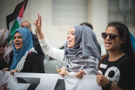 MILAN, ITALY - JULY 26: Pro Palestine manifestation held in Milan on July, 26 2014. People took to...
