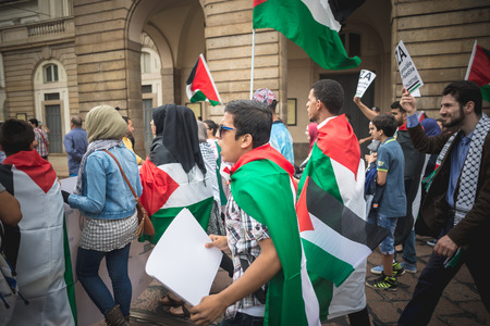 MILAN, ITALY - JULY 26: Pro Palestine manifestation held in Milan on July, 26 2014. People took to the streets to claim  Gaza and Palestine freedom against israel war and bombingのeditorial素材