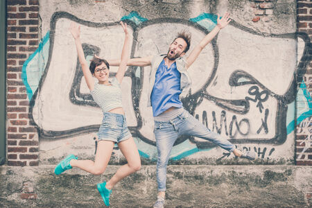 couple of friends young  man and woman in the cityのeditorial素材