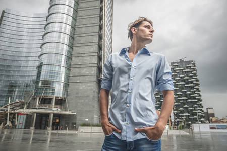 young model hansome blonde man in the cityの写真素材