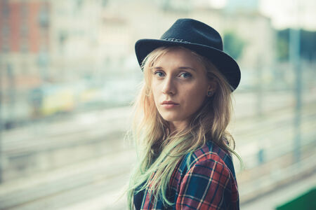 beautiful young blonde hair woman hipster in the cityの写真素材