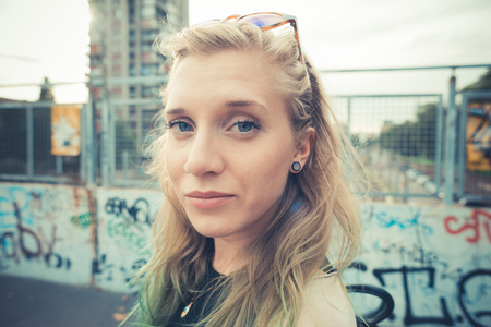 beautiful young blonde hair woman hipster in the cityのeditorial素材
