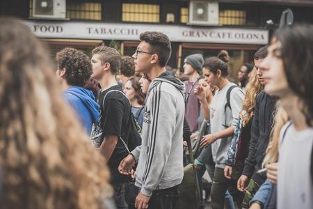 MILAN, ITALY - OCTOBER 10: Students manifestation held in Milan on October, 10 2014. Students took...