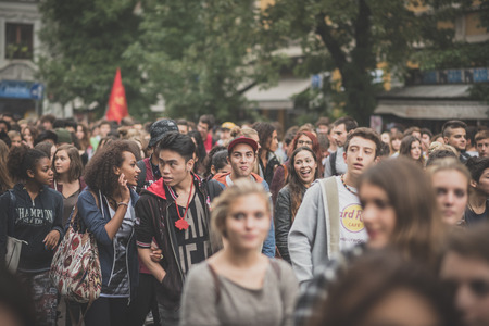 MILAN, ITALY - OCTOBER 10: Students manifestation held in Milan on October, 10 2014. Students took to the streets to protest against school italian reform and against milan expoのeditorial素材