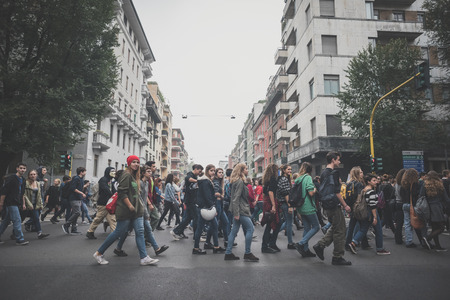 MILAN, ITALY - OCTOBER 10: Students manifestation held in Milan on October, 10 2014. Students took to the streets to protest against school italian reform and against milan expoのeditorial素材