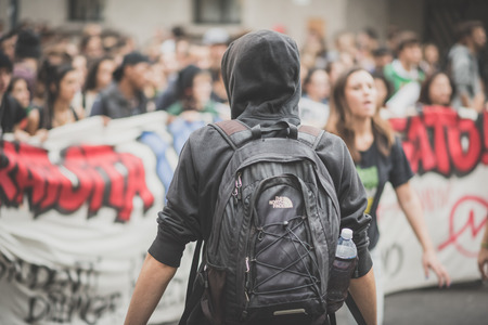 MILAN, ITALY - OCTOBER 10: Students manifestation held in Milan on October, 10 2014. Students took...