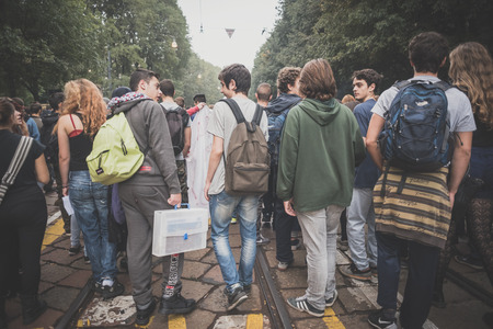 MILAN, ITALY - OCTOBER 10: Students manifestation held in Milan on October, 10 2014. Students took to the streets to protest against school italian reform and against milan expoのeditorial素材