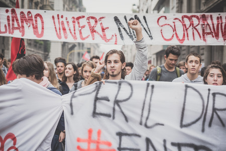 MILAN, ITALY - OCTOBER 10: Students manifestation held in Milan on October, 10 2014. Students took...