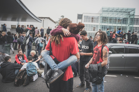 MILAN, ITALY - OCTOBER 10: Students manifestation held in Milan on October, 10 2014. Students took...