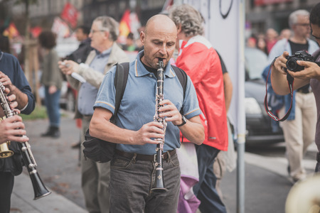 MILAN, ITALY - OCTOBER 11: demonstration held in Milan october 11, 2014. People took streets to protest against Milan expo to be held in 2015, event important worldwide.のeditorial素材