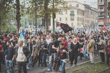MILAN, ITALY - OCTOBER 11: demonstration held in Milan october 11, 2014. People took streets to protest against Milan expo to be held in 2015, event important worldwide.のeditorial素材