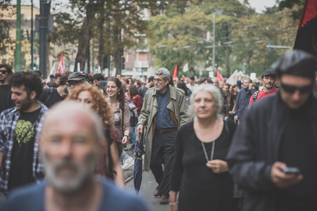 MILAN, ITALY - OCTOBER 11: demonstration held in Milan october 11, 2014. People took streets to protest against Milan expo to be held in 2015, event important worldwide.のeditorial素材