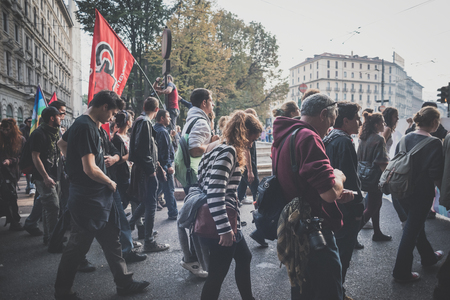 MILAN, ITALY - OCTOBER 11: demonstration held in Milan october 11, 2014. People took streets to protest against Milan expo to be held in 2015, event important worldwide.のeditorial素材