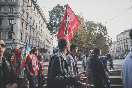 MILAN, ITALY - OCTOBER 11: demonstration held in Milan october 11, 2014. People took streets to protest against Milan expo to be held in 2015, event important worldwide.のeditorial素材