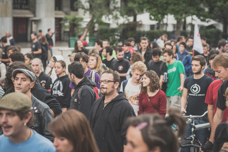 MILAN, ITALY - OCTOBER 11: demonstration held in Milan october 11, 2014. People took streets to protest against Milan expo to be held in 2015, event important worldwide.のeditorial素材