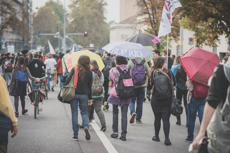 MILAN, ITALY - OCTOBER 11: demonstration held in Milan october 11, 2014. People took streets to protest against Milan expo to be held in 2015, event important worldwide.のeditorial素材