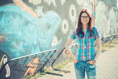 beautiful young hipster woman in the cityの写真素材