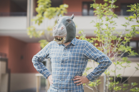 hippo mask absurd man in the cityの写真素材