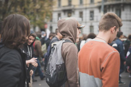 MILAN, ITALY - NOVEMBER 14: Student demonstration held in Milan November 14, 2014. Students took streets to protest against Milan expo to be held in 2015, event important worldwide.のeditorial素材