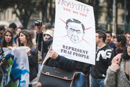 MILAN, ITALY - OCTOBER 16: Exiled Thai activist Junya âLekâ Yimprasert in Milan on october, 16 2014. denouncing Thai junta leader and prime minister General Prayuth Chan-ocha which is hosted the 10th Asia-Europe Meetingのeditorial素材