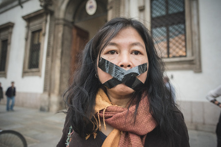 MILAN, ITALY - OCTOBER 16: Exiled Thai activist Junya âLekâ Yimprasert in Milan on october, 16 2014. denouncing Thai junta leader and prime minister General Prayuth Chan-ocha which is hosted the 10th Asia-Europe Meetingのeditorial素材
