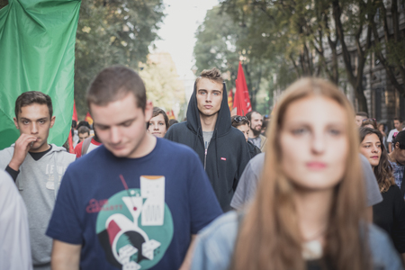 MILAN, ITALY - OCTOBER 18: manifestation held in Milan october 18, 2014. People took streets to protest against racism, war and against lega nord, right wing politic italian movementのeditorial素材