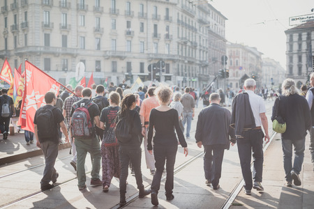 MILAN, ITALY - OCTOBER 18: manifestation held in Milan october 18, 2014. People took streets to protest against racism, war and against lega nord, right wing politic italian movementのeditorial素材