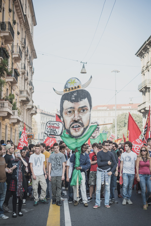 MILAN, ITALY - OCTOBER 18: manifestation held in Milan october 18, 2014. People took streets to protest against racism, war and against lega nord, right wing politic italian movementのeditorial素材
