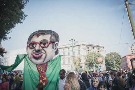 MILAN, ITALY - OCTOBER 18: manifestation held in Milan october 18, 2014. People took streets to protest against racism, war and against lega nord, right wing politic italian movementのeditorial素材