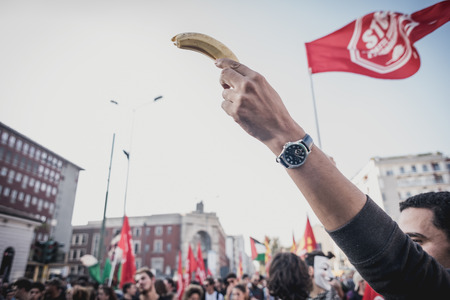 MILAN, ITALY - OCTOBER 18: manifestation held in Milan october 18, 2014. People took streets to protest against racism, war and against lega nord, right wing politic italian movementのeditorial素材