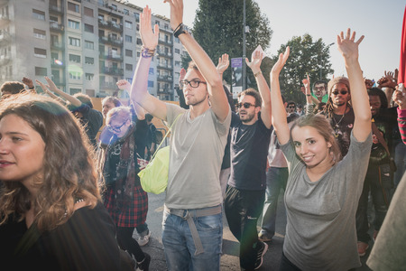 MILAN, ITALY - OCTOBER 18: manifestation held in Milan october 18, 2014. People took streets to protest against racism, war and against lega nord, right wing politic italian movementのeditorial素材