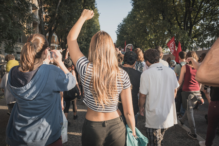 MILAN, ITALY - OCTOBER 18: manifestation held in Milan october 18, 2014. People took streets to protest against racism, war and against lega nord, right wing politic italian movementのeditorial素材