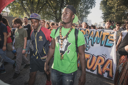 MILAN, ITALY - OCTOBER 18: manifestation held in Milan october 18, 2014. People took streets to protest against racism, war and against lega nord, right wing politic italian movementのeditorial素材