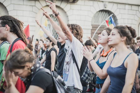 MILAN, ITALY - OCTOBER 18: manifestation held in Milan october 18, 2014. People took streets to protest against racism, war and against lega nord, right wing politic italian movementのeditorial素材