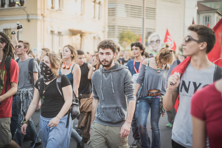 MILAN, ITALY - OCTOBER 18: manifestation held in Milan october 18, 2014. People took streets to protest against racism, war and against lega nord, right wing politic italian movementのeditorial素材