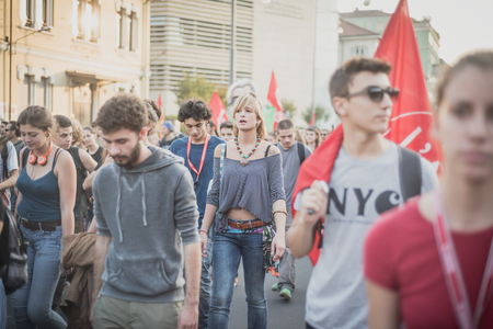 MILAN, ITALY - OCTOBER 18: manifestation held in Milan october 18, 2014. People took streets to protest against racism, war and against lega nord, right wing politic italian movementのeditorial素材