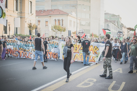 MILAN, ITALY - OCTOBER 18: manifestation held in Milan october 18, 2014. People took streets to protest against racism, war and against lega nord, right wing politic italian movementのeditorial素材