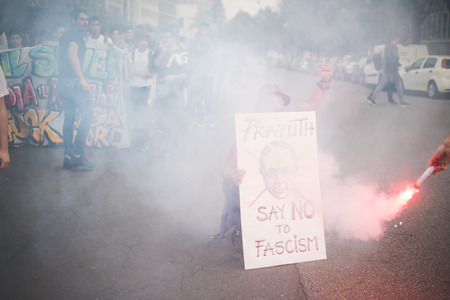 MILAN, ITALY - OCTOBER 16: Exiled Thai activist Junya âLekâ Yimprasert in Milan on october, 16 2014. denouncing Thai junta leader and prime minister General Prayuth Chan-ocha which is hosted the 10th Asia-Europe Meetingのeditorial素材