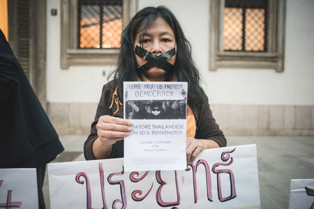 MILAN, ITALY - OCTOBER 16: Exiled Thai activist Junya âLekâ Yimprasert in Milan on october, 16 2014. denouncing Thai junta leader and prime minister General Prayuth Chan-ocha which is hosted the 10th Asia-Europe Meetingのeditorial素材