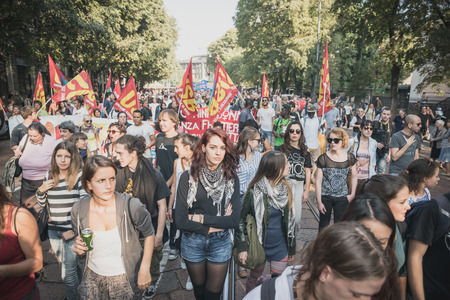 MILAN, ITALY - OCTOBER 18: manifestation held in Milan october 18, 2014. People took streets to protest against racism, war and against lega nord, right wing politic italian movementのeditorial素材