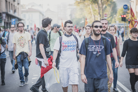 MILAN, ITALY - OCTOBER 18: manifestation held in Milan october 18, 2014. People took streets to protest against racism, war and against lega nord, right wing politic italian movementのeditorial素材