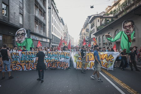 MILAN, ITALY - OCTOBER 18: manifestation held in Milan october 18, 2014. People took streets to protest against racism, war and against lega nord, right wing politic italian movementのeditorial素材